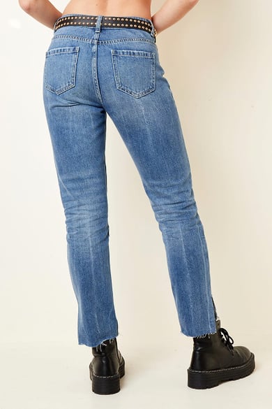 Enkellange jeans met splitzomen en versleten details Blauw XS h5 Afbeelding5